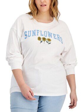 Mad Engine Womens Trendy Plus Size Sunflowers Long-Sleeve T-Shirt